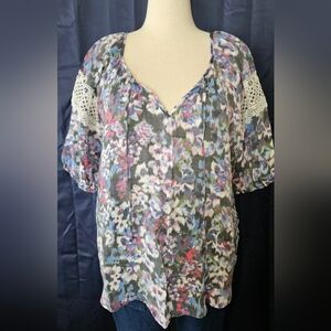 Robert Lewis Abstract Floral with Lace Trim Peasant Top Size XL